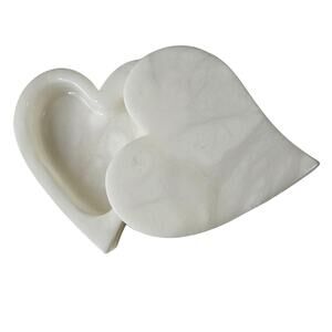 Ducceschi Genuine Alabaster Off White Trinket Dish Heart Keepsake Box Swivel Top